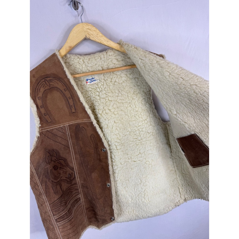 Vintage Western Tooled Leather Horse Vest Brown Suede Faux Shearling Mens L - Picture 7 of 10